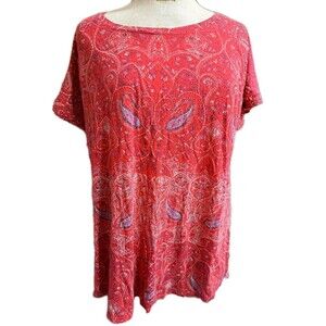 Lucky Brand Womens Short Sleeve Top Size 1X Red Paisley Spring Summer Hippie